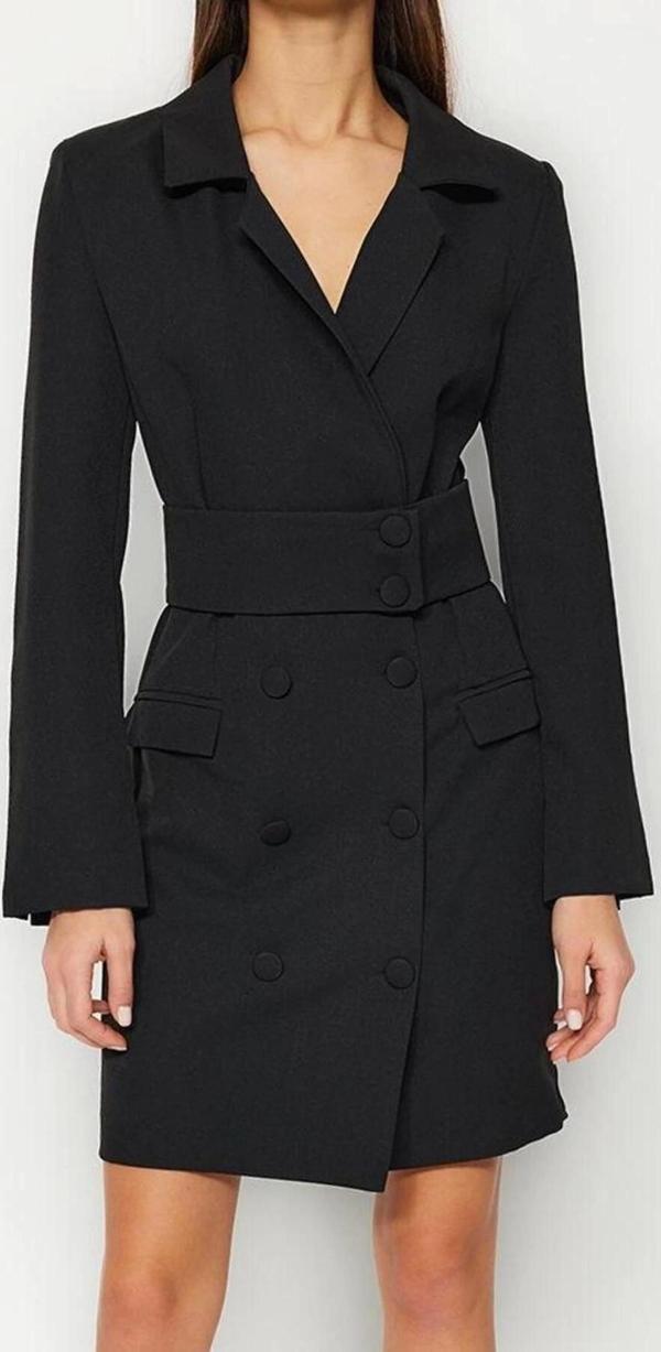 Moda Stil Regular Ceket Yaka Mini Boy Kemerli Dokuma Düğme Detaylı Dokuma Elbise - Image 1