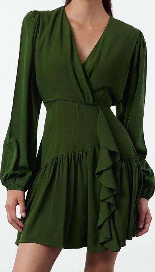 Moda Stil Regular Kruvaze Mini Boy Volanlı Dokuma Dokuma Elbise - Image 1