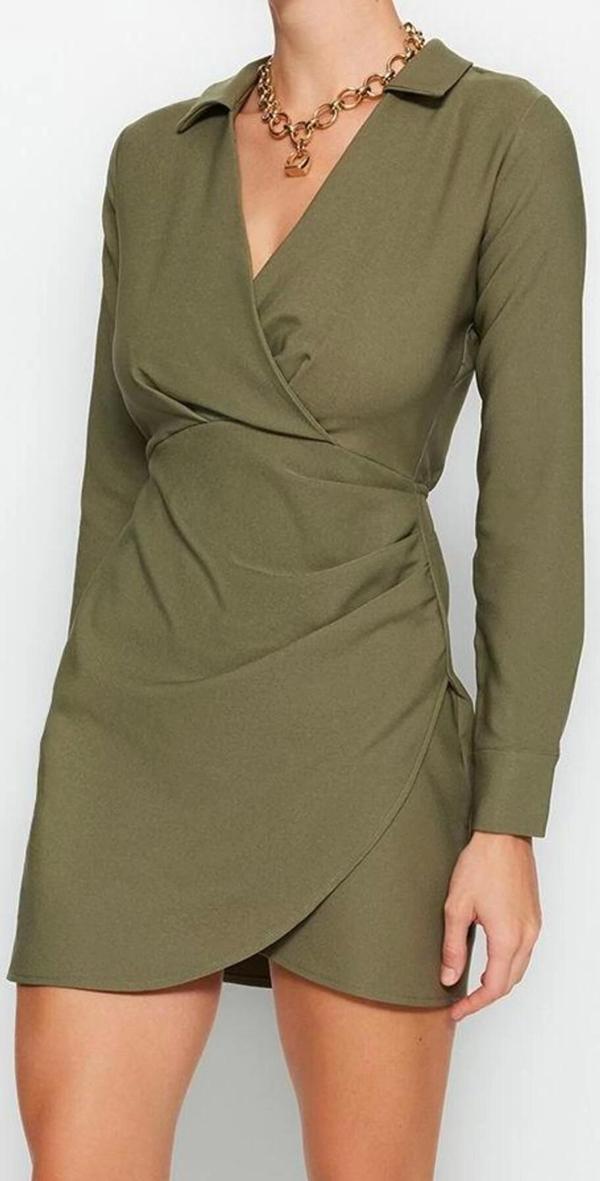 Moda Stil Regular Kruvaze Mini Boy Düz Dokuma Elbise - Image 1