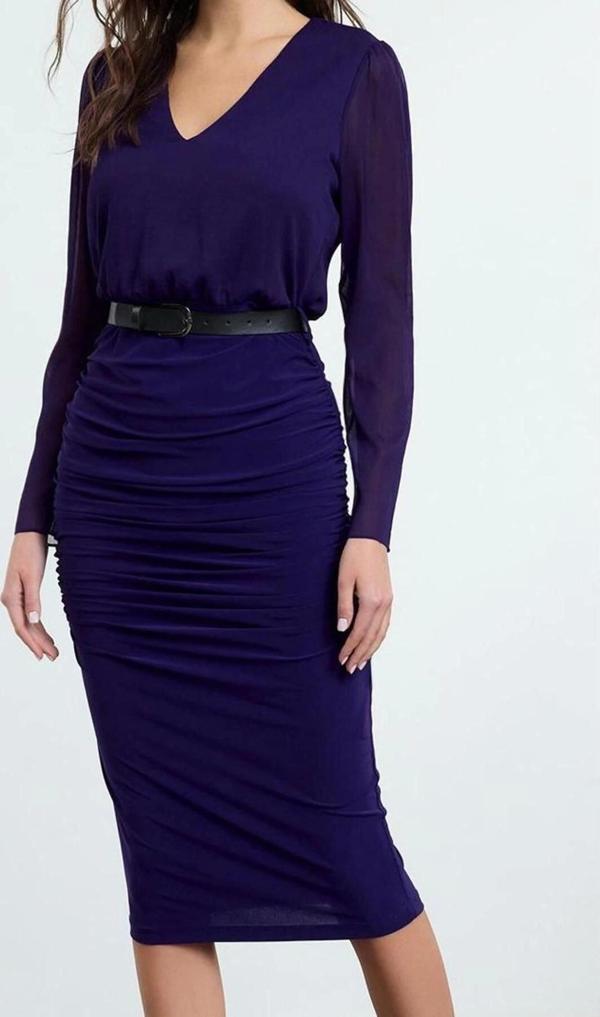 Moda Stil Regular V Yaka Midi Boy Düz Dokuma Elbise - Image 1