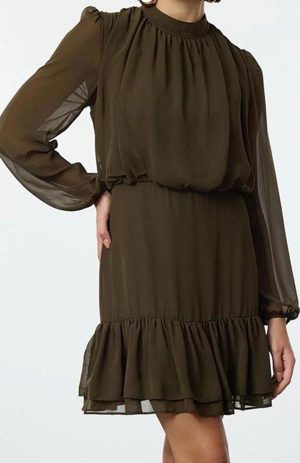 Moda Stil Regular Dik Yaka Mini Boy Eteği Volanlı Şifon Dokuma Kışlık Elbise - Image 1