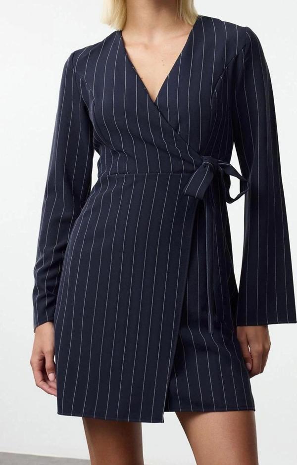 Moda Stil Regular Kruvaze Mini Boy Çizgili Dokuma Elbise - Image 1