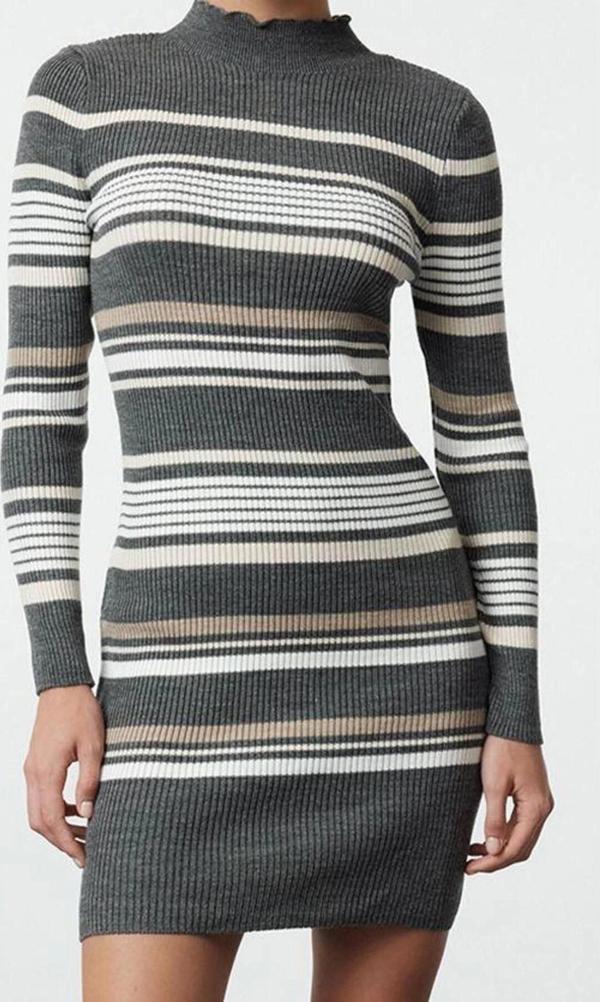 Moda Stil Regular Dik Yaka Mini Boy Triko Renk Bloklu Elbise - Image 1