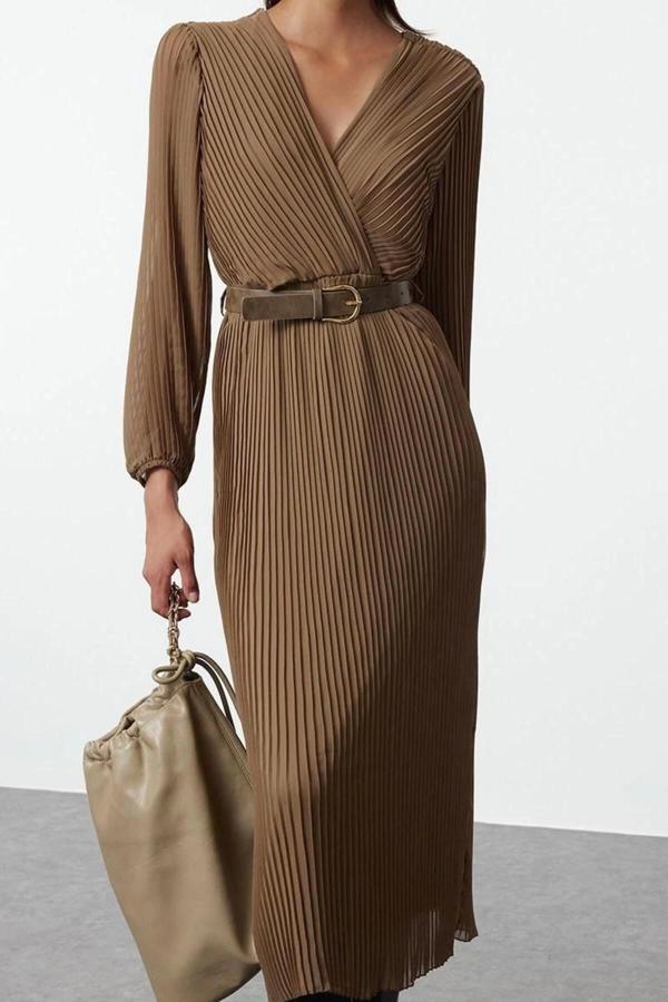 Moda Stil Regular Kruvaze Midi Boy Kemerli Düz Kemerli Dokuma Elbise - Image 1