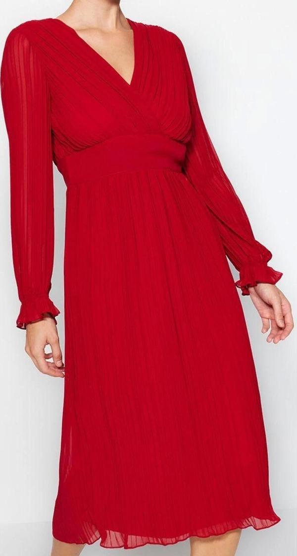 Moda Stil Regular Kruvaze Midi Boy Kuşaklı Düz Dokuma Elbise - Image 1