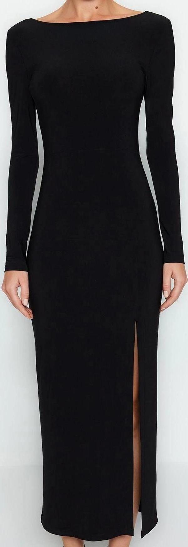 Moda Stil Slim Kayık Yaka Maxi Boy Düz Bodycone Sırt Baskılı Örme Elbise Vücuda Oturan Esnek - Image 1