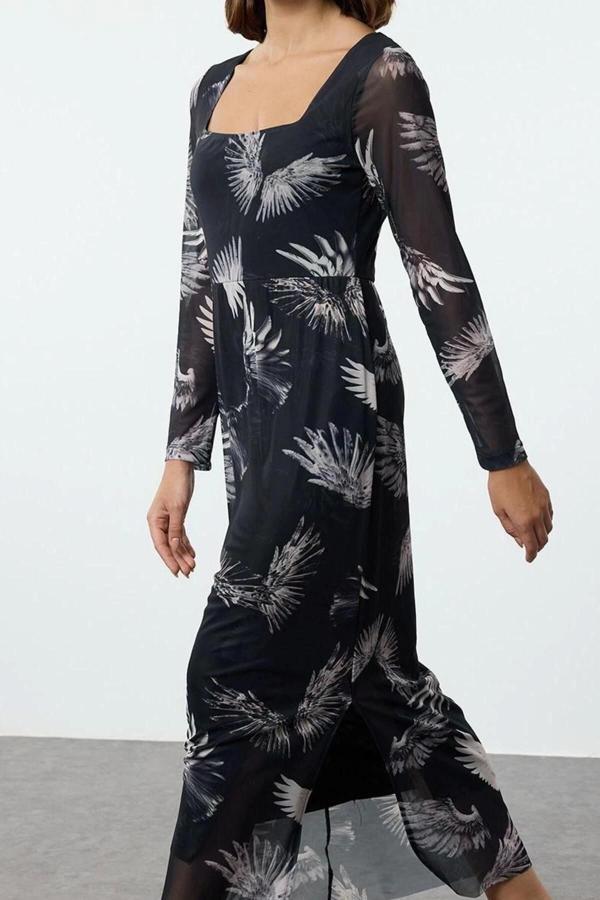 Moda Stil Slim Kare Yaka Midi Boy Tül Çiçekli Vücuda Oturan Esnek Örme Kalem Elbise - Image 1