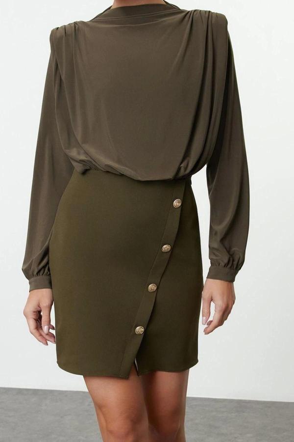 Moda Stil Regular Dik Yaka Mini Boy Düz Vatkalı Dokuma Elbise - Image 1