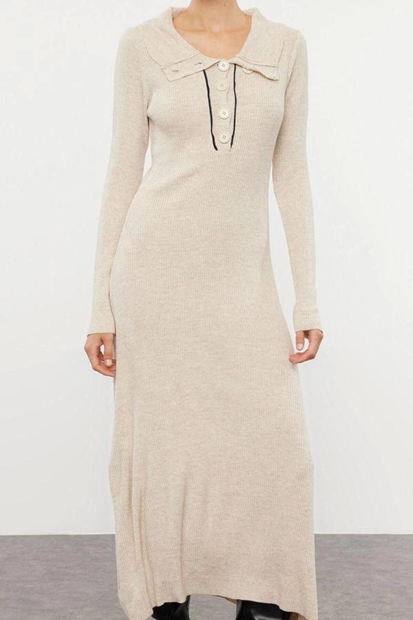 Moda Stil Regular Polo Yaka Midi Boy Triko Çizgili Biye Detaylı Elbise - Image 1