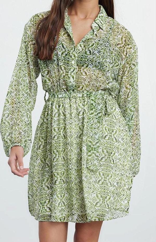 Moda Stil Regular Gömlek Yaka Mini Boy Belden Açılan Astarlı Şifon Dokuma Elbise - Image 1