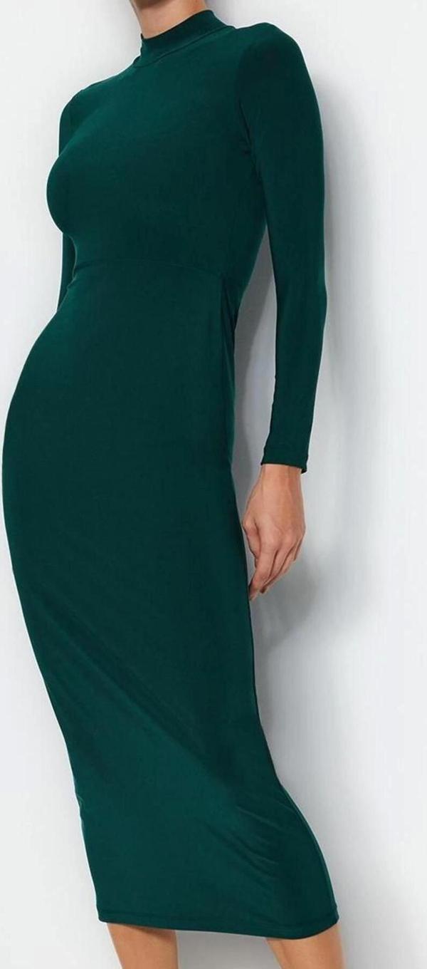 Moda Stil Slim Dik Yaka Maxi Boy Fitted Vücuda Oturan Esnek Örme Elbise - Image 1