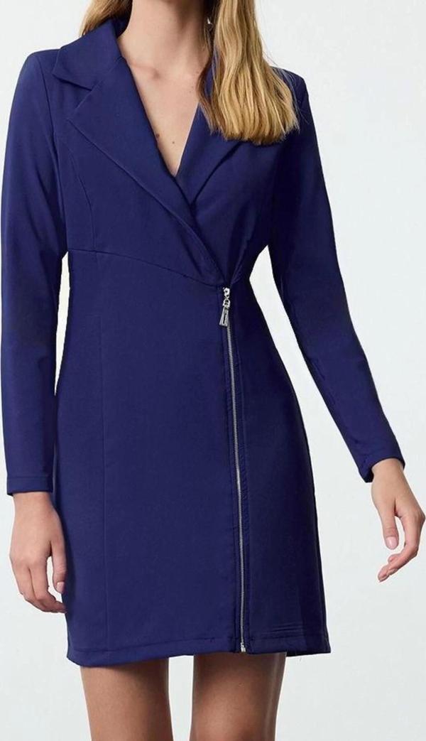 Moda Stil Fitted Ceket Yaka Mini Boy Fermuar Detaylı Dokuma Elbise - Image 1