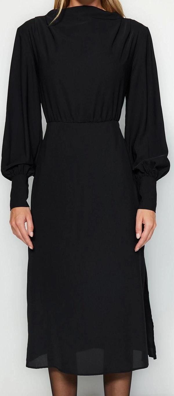 Moda Stil Regular Degaje Yaka Midi Boy Düz Dokuma Elbise - Image 1