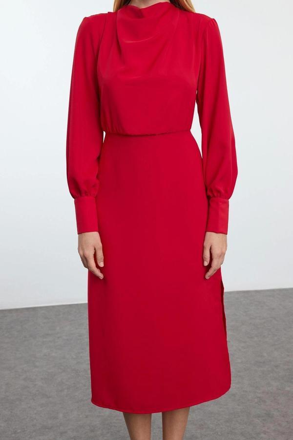 Moda Stil Regular Degaje Yaka Midi Boy Düz Dokuma Elbise - Image 1