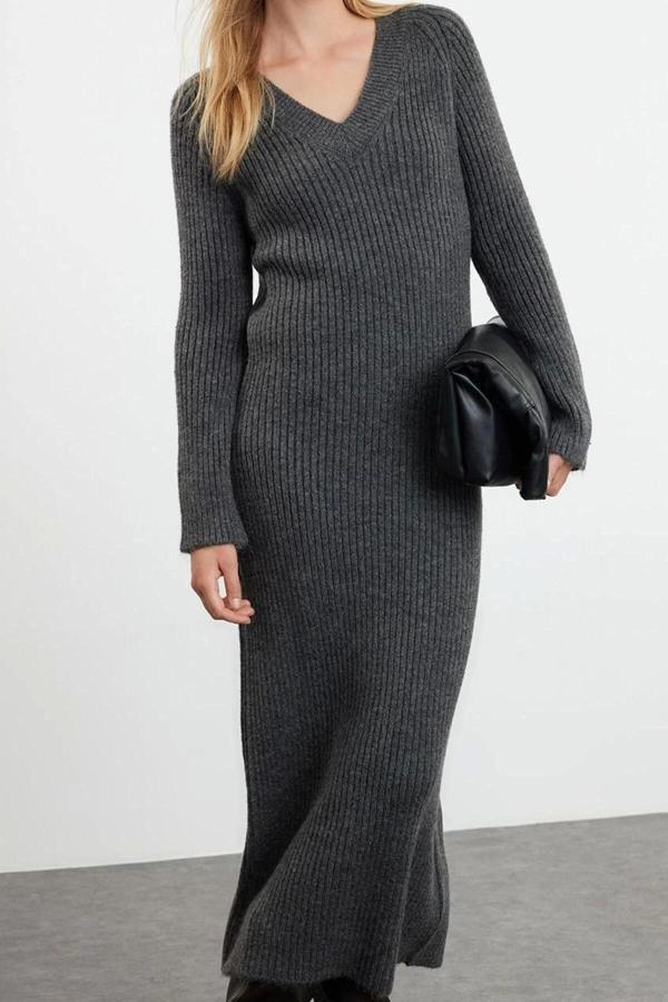 Moda Stil Regular V Yaka Maxi Boy Triko Yünlü Basic Elbise - Image 1