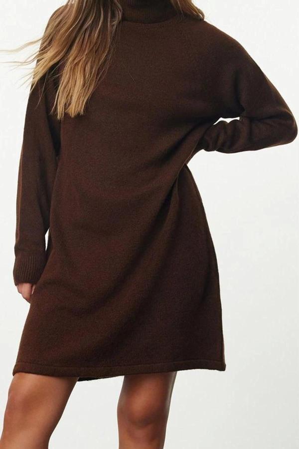 Moda Stil Regular Balıkçı Yaka Mini Boy Triko Basic Elbise - Image 1