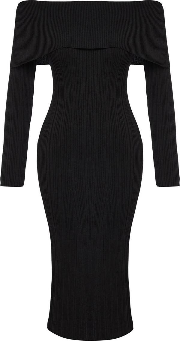 Moda Stil Regular Carmen Yaka Midi Boy Triko Basic Elbise - Image 1