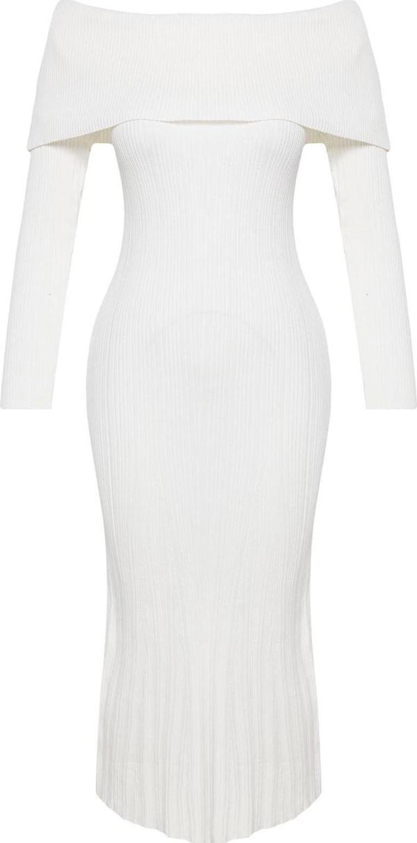 Moda Stil Regular Carmen Yaka Midi Boy Triko Basic Elbise - Image 1