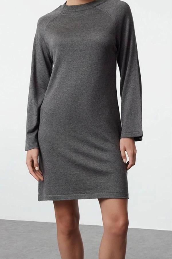 Moda Stil Regular Bisiklet Yaka Mini Boy Triko Basic Pamuklu Elbise - Image 1