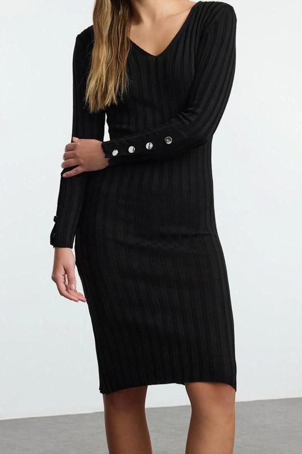 Moda Stil Regular V Yaka Midi Boy Triko Basic Elbise - Image 1