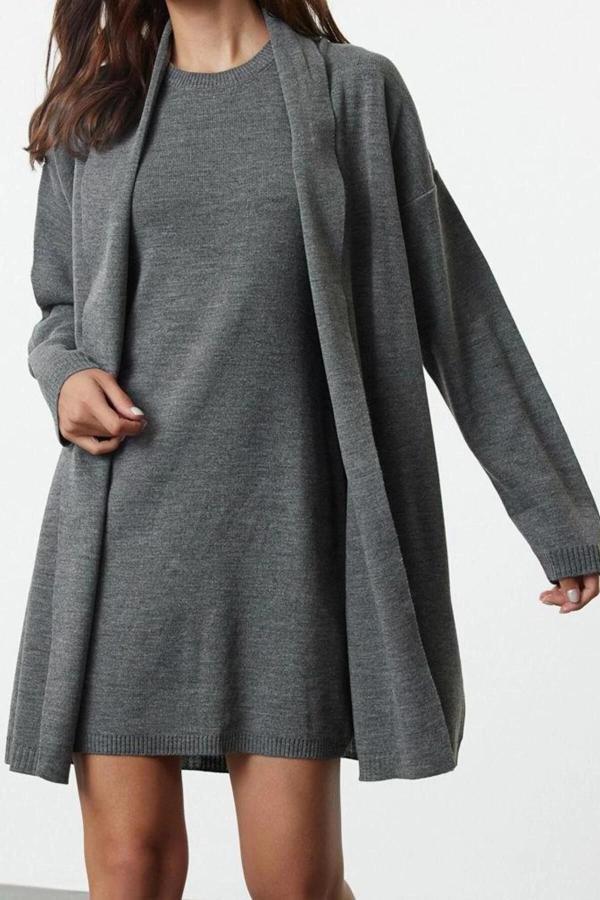 Moda Stil Regular Bisiklet Yaka Mini Boy Triko Elbise-Hırka - Image 1
