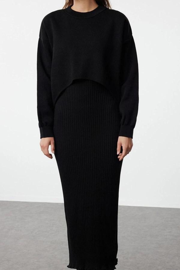 Moda Stil Regular Bisiklet Yaka Midi Boy Triko Kazak-Elbise Takım - Image 1