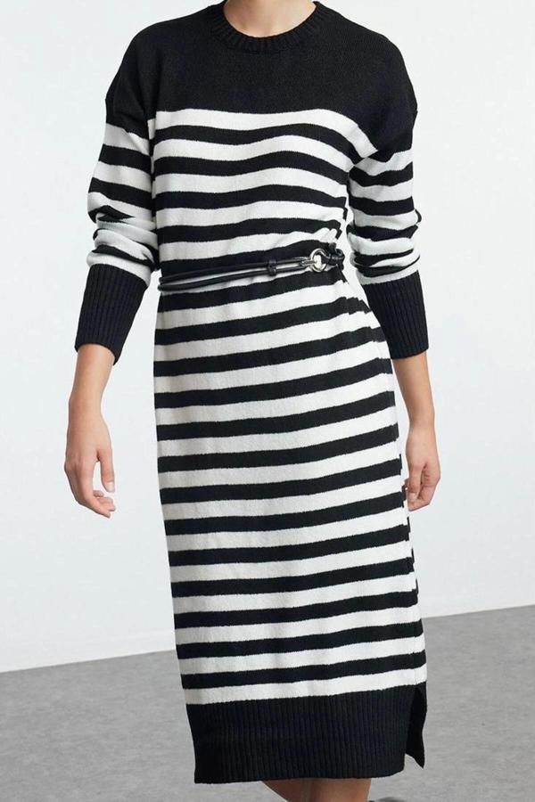 Moda Stil Regular Bisiklet Yaka Midi Boy Çizgili Triko Yumuşak Dokulu Elbise - Image 1