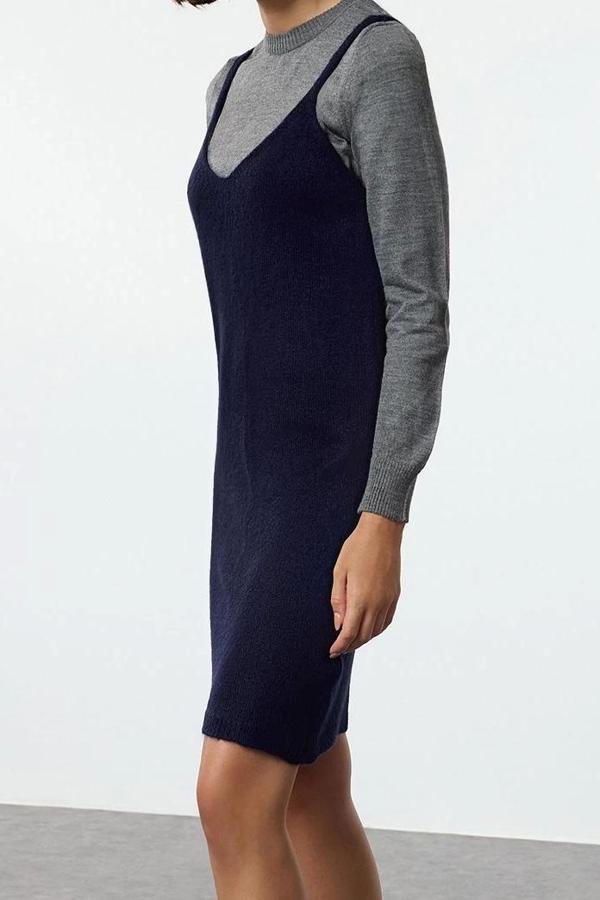 Moda Stil Regular Havuz Yaka Mini Boy Triko Yumuşak Dokulu Askılı Elbise - Image 1