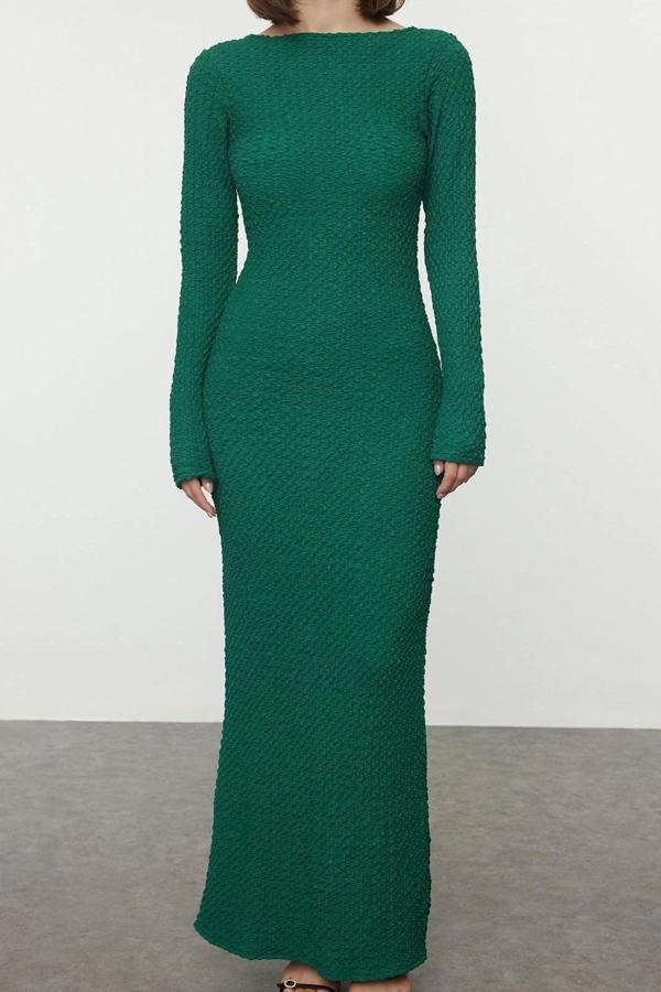 Moda Stil Slim Kayık Yaka Maxi Boy Düz Dokulu Fitted Vücuda Oturan Örme Elbise - Image 1