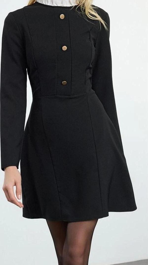 Moda Stil Regular Dik Yaka Mini Boy A Kesim Düğme Detaylı Dokuma Elbise - Image 1