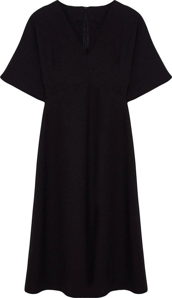 Moda Stil Regular V Yaka Midi Boy Melek Kol Detaylı A Kesim Eteği Volanlı Dokuma Elbise - Image 1