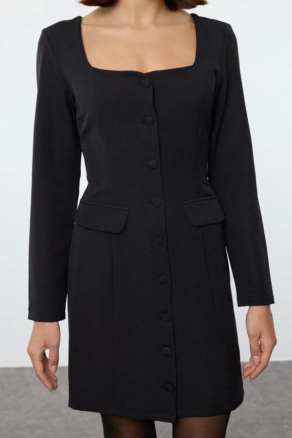 Moda Stil Regular Kare Yaka Mini Boy Cep Detaylı Dokuma Ceket Elbise - Image 1