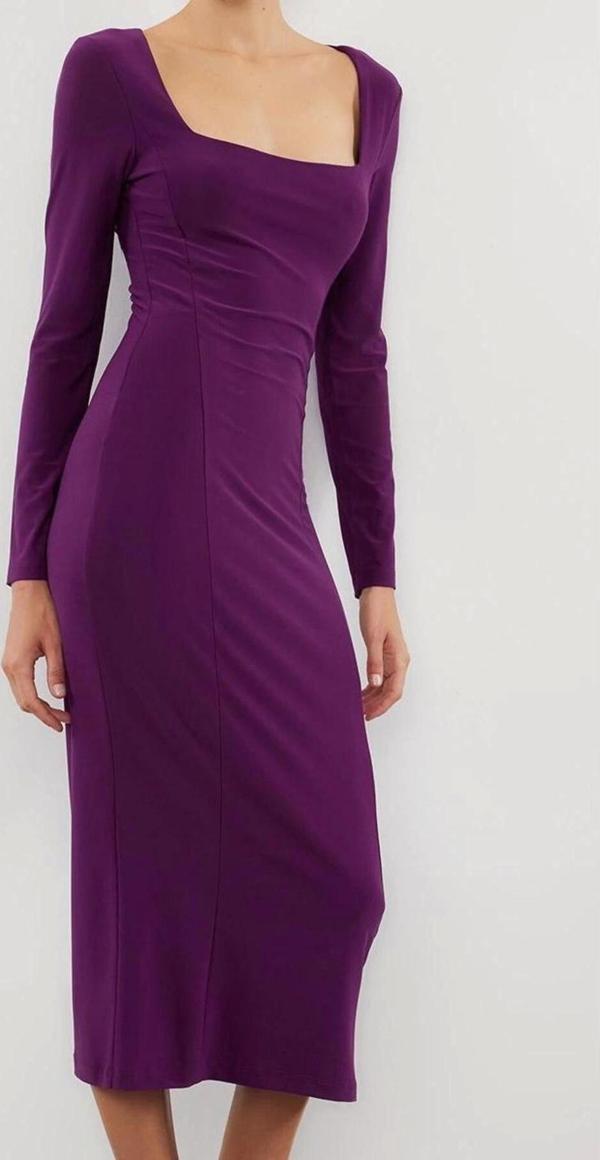 Moda Stil Fitted Kare Yaka Midi Boy Düz Vücuda Oturan Esnek Örme Elbise - Image 1
