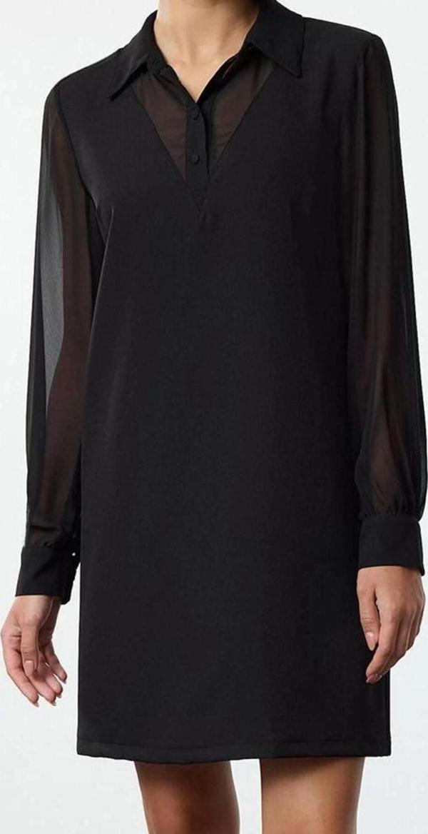 Moda Stil Regular Gömlek Yaka Mini Boy Düz Kesim Cep Detaylı Dokuma Elbise - Image 1