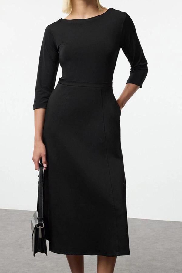 Moda Stil Regular Bisiklet Yaka Midi Boy Belden Açılan Kumaş Mixli Dokuma Elbise - Image 1