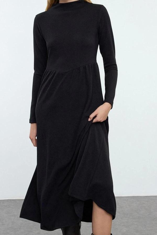 Moda Stil Regular Kayık Yaka Maxi Boy Düz Skater Belden Açılan Esnek Örme Elbise - Image 1