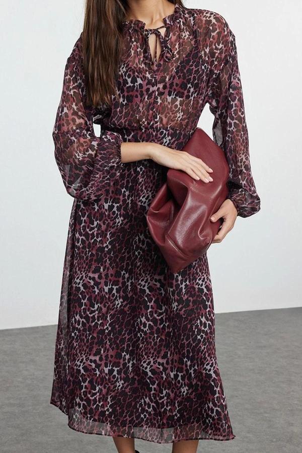 Moda Stil Regular Bisiklet Yaka Midi Boy Çiçekli Eteği Belden Açılan Astarlı Dokuma Kışlık Elbise - Image 1