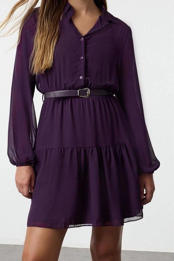 Moda Regular Gömlek Yaka Mini Boy Kemerli Eteği Belden Açılan Astarlı Şifon Dokuma Kışlık Elbise - Image 1