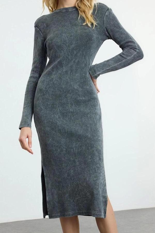 Moda Stil Slim Dik Yaka Maxi Boy Düz Yıkamalı Soluk Efektli Sıfır Kol Esnek Örme Elbise - Image 1
