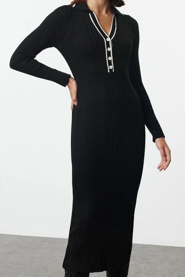 Moda Stil Slim Polo Yaka Midi Boy Taş Renk Bloklu Triko Premium İplik Özel İplik Elbise - Image 1