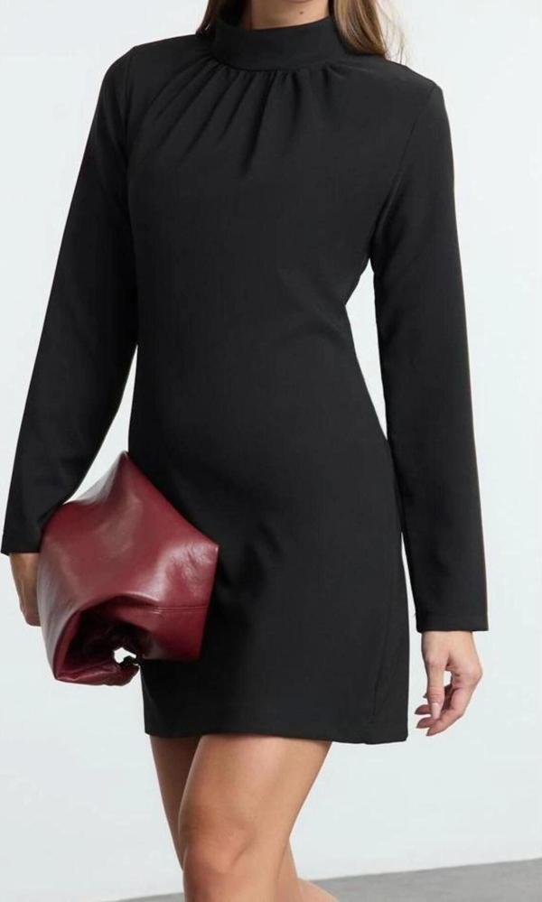 Moda Stil Regular Dik Yaka Mini Boy A Kesim Dokuma Elbise - Image 1