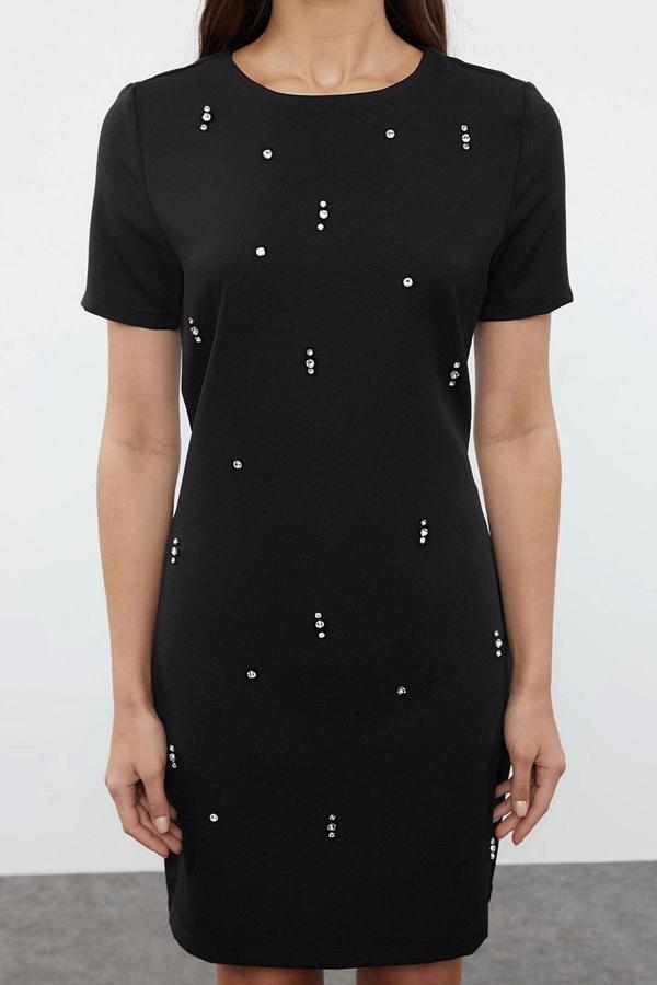 Moda Stil Regular Bisiklet Yaka Mini Boy Shift Düz Kalıp Taş İşlemeli Dokuma Elbise - Image 1
