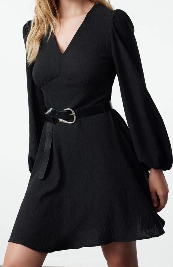 Moda Stil Regular V Yaka Mini Boy A Kesim Balon Kol Detaylı Dokuma Elbise - Image 1