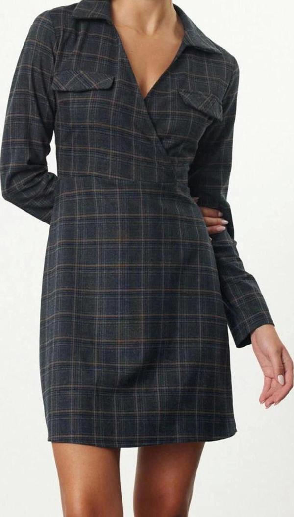Moda Stil Regular Gömlek Yaka Mini Boy Ekose A Kesim Kruvaze Yaka Kışlık Dokuma Elbise - Image 1