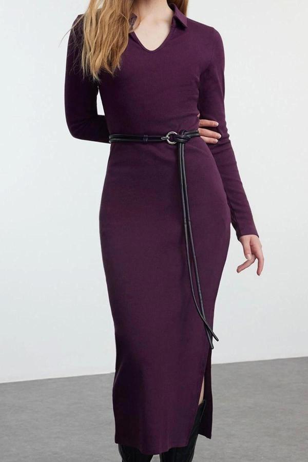 Moda Stil Fitted V Yaka Midi Boy Düz Polo Yaka Bodycone Vücuda Oturan Örme Elbise - Image 1