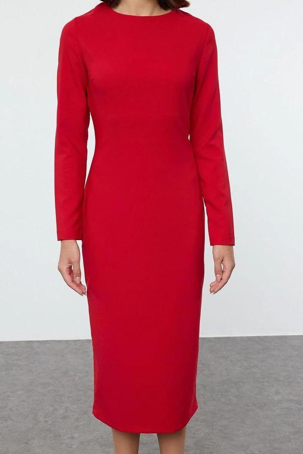 Moda Stil Regular Bisiklet Yaka Midi Boy Vücudu Saran Dokuma Elbise - Image 1