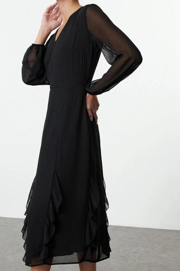 Moda Stil Regular V Yaka Midi Boy Fırfırlı Şifon Dokuma Elbise - Image 1