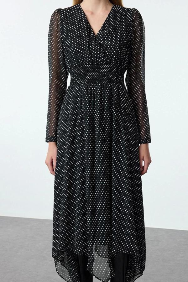 Moda Regular Kruvaze Midi Boy Puantiyeli Yaka Mendil Etek Detaylı Astarlı Şifon Dokuma Elbise - Image 1