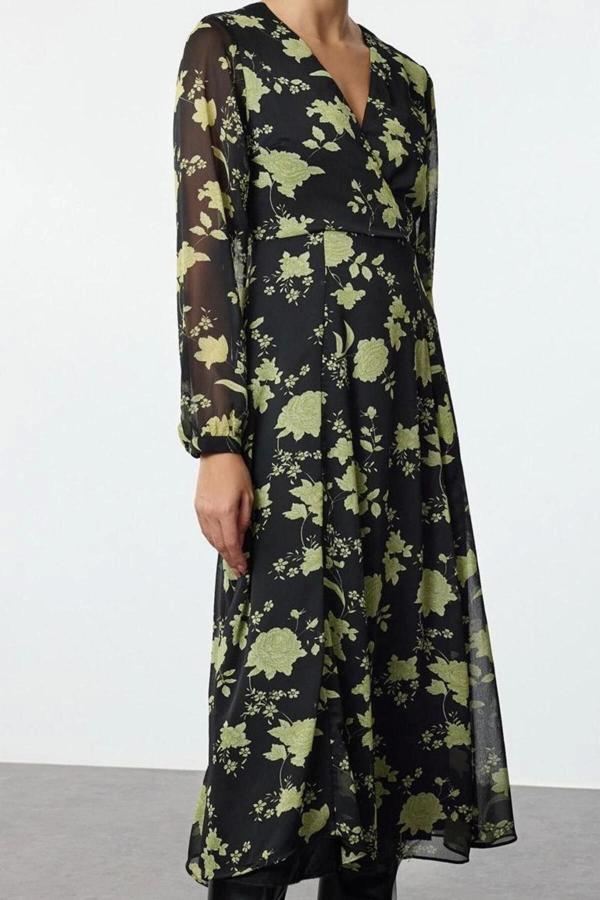 Moda Stil Regular Kruvaze Midi Boy Çiçek Desenli A Kesim Yaka Dokuma Elbise - Image 1