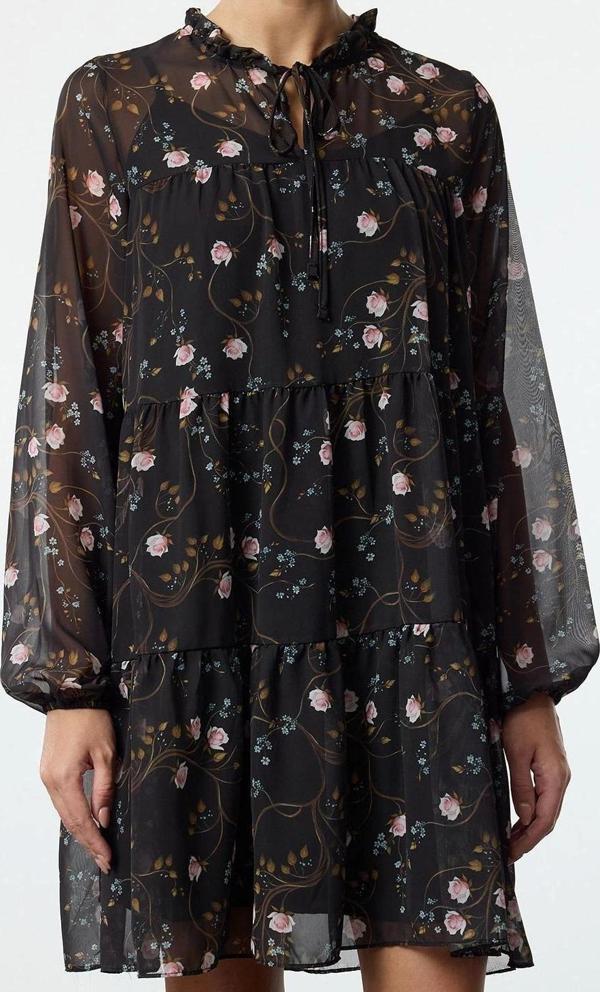 Moda Stil Regular Dik Yaka Mini Boy Çiçek Desenli Bol Kalıp Astarlı Şifon Dokuma Kışlık Elbise - Image 1